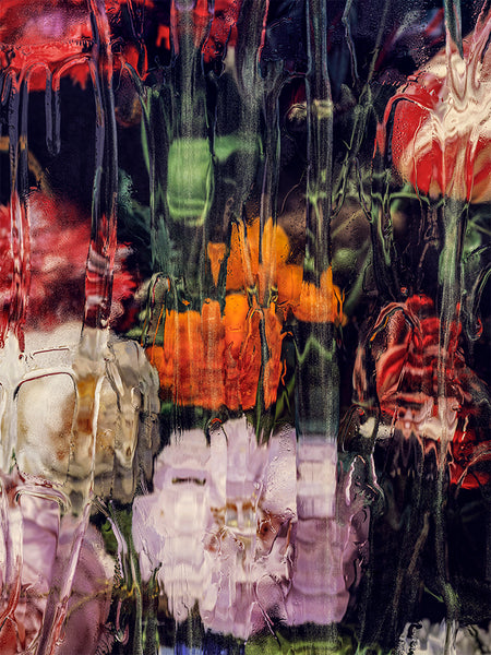 The vibrant colors and textured glass surface in After Jan Davidsz. de Heem, Still Life with Flowers in a Glass Vase 1, 1650-1683 by Carol Inez Charney evoke classic Dutch botanical art with a modern, blurred effect resembling archival chromogenic prints.
