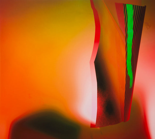 The Onlooker by Kate Petley is an abstract image akin to a vibrant painting, featuring a gradient background of orange, red, and yellow shades. It includes a vertical folded element with patterns and a bright green stripe on the right, resembling a dynamic sculpture that adds movement and contrast.