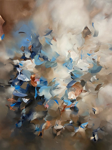 Birdsong by Sara Pittman showcases an abstract blend of soft, swirling colors with dominant blues, whites, and hints of brown. This dreamlike piece suggests motion and depth, with brushstrokes creating a layered, cloud-like effect.