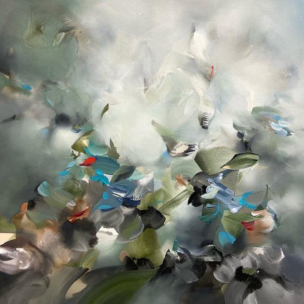 Carried by Light, by Sara Pittman, features an ethereal blend of green, blue, white, and red swirls. It creates a soft, cloudy texture with a sense of movement and complexity, resembling leaves and petals merging into a misty background.