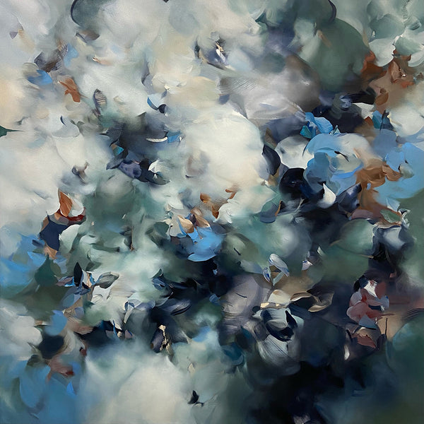 The Ephemerality abstract painting by Sara Pittman features swirling blues, whites, and browns. Its ethereal style evokes clouds or leaves in a gentle breeze, with soft forms seamlessly blending into imaginative landscapes.