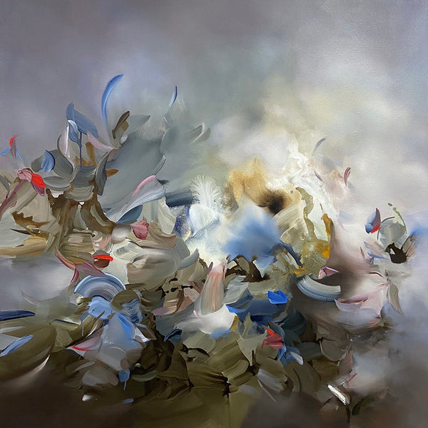 Marks of Sound by Sara Pittman is an abstract painting featuring swirling brushstrokes in soft blue, pink, beige, and gray. This ethereal piece showcases dynamic shapes and textures that evoke movement and fluidity against a muted backdrop.